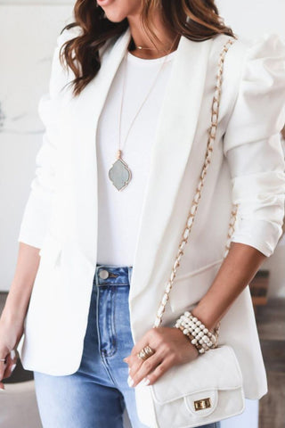 Collared Neck Puff Sleeve Blazer - A Roese Boutique