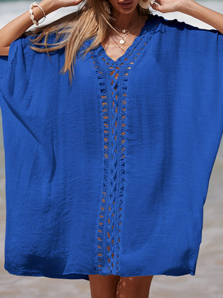 Cutout V-Neck Three-Quarter Sleeve Cover Up - A Roese Boutique