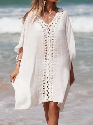 Cutout V-Neck Three-Quarter Sleeve Cover Up - A Roese Boutique