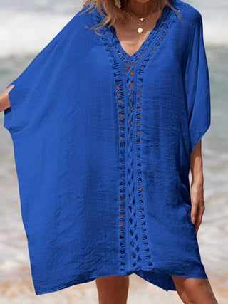 Cutout V-Neck Three-Quarter Sleeve Cover Up - A Roese Boutique