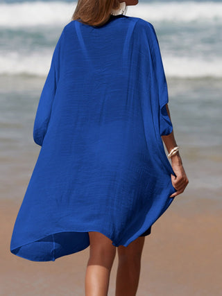 Cutout V-Neck Three-Quarter Sleeve Cover Up - A Roese Boutique