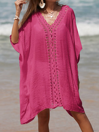 Cutout V-Neck Three-Quarter Sleeve Cover Up - A Roese Boutique