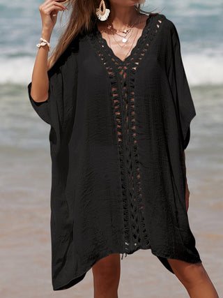 Cutout V-Neck Three-Quarter Sleeve Cover Up - A Roese Boutique