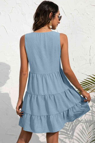 Decorative Button V-Neck Tiered Sleeveless Dress - A Roese Boutique