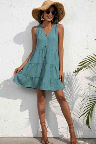 Decorative Button V-Neck Tiered Sleeveless Dress - A Roese Boutique