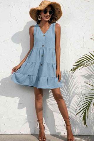 Decorative Button V-Neck Tiered Sleeveless Dress - A Roese Boutique