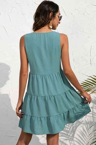 Decorative Button V-Neck Tiered Sleeveless Dress - A Roese Boutique