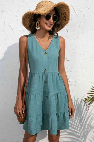 Decorative Button V-Neck Tiered Sleeveless Dress - A Roese Boutique