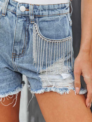 Distressed Fringe Denim Shorts with Pockets - A Roese Boutique