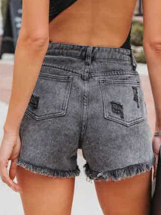 Distressed Fringe Denim Shorts with Pockets - A Roese Boutique