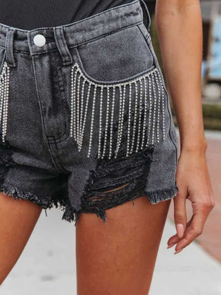 Distressed Fringe Denim Shorts with Pockets - A Roese Boutique