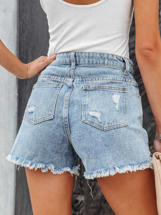 Distressed Fringe Denim Shorts with Pockets - A Roese Boutique