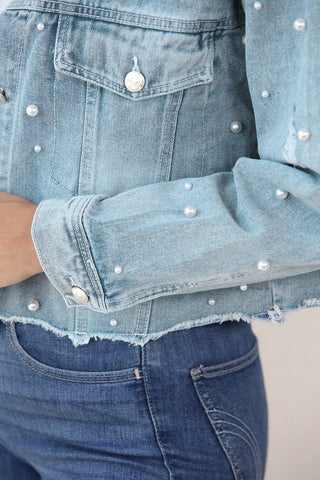 Distressed Pearl Trim Button Up Denim Jacket - A Roese Boutique