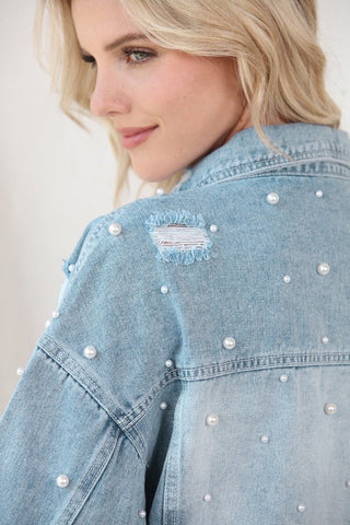 Distressed Pearl Trim Button Up Denim Jacket - A Roese Boutique