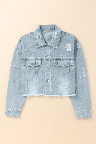 Distressed Pearl Trim Button Up Denim Jacket - A Roese Boutique