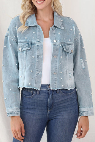 Distressed Pearl Trim Button Up Denim Jacket - A Roese Boutique