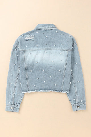 Distressed Pearl Trim Button Up Denim Jacket - A Roese Boutique