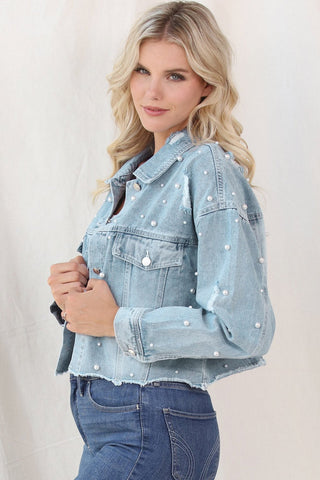 Distressed Pearl Trim Button Up Denim Jacket - A Roese Boutique