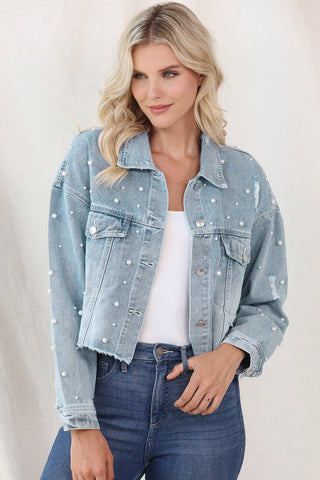 Distressed Pearl Trim Button Up Denim Jacket - A Roese Boutique