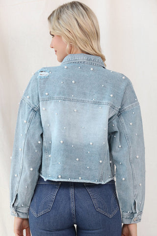 Distressed Pearl Trim Button Up Denim Jacket - A Roese Boutique