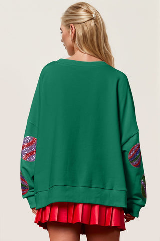 Double Take Christmas Element Sequin Round Neck Long Sleeve Sweatshirt - A Roese Boutique