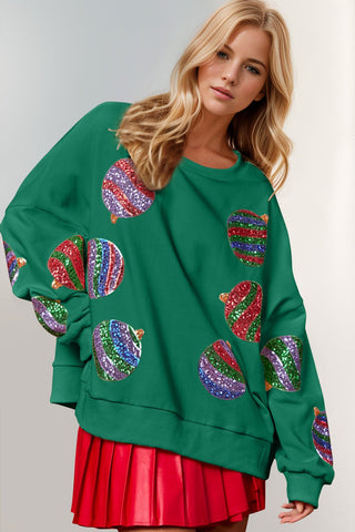 Double Take Christmas Element Sequin Round Neck Long Sleeve Sweatshirt - A Roese Boutique