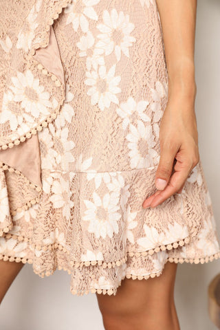 Double Take Floral Lace Pompom Detail Tie - Waist Flutter Sleeve Dress - A Roese Boutique