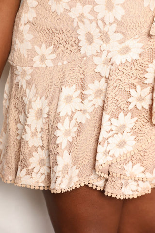 Double Take Floral Lace Pompom Detail Tie - Waist Flutter Sleeve Dress - A Roese Boutique