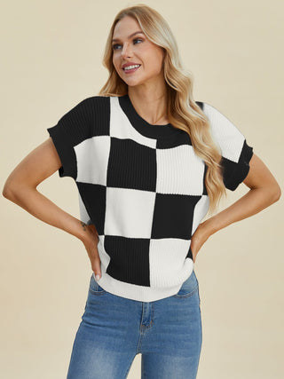 Double Take Full Size Checkered Round Neck Short Sleeve Sweater - A Roese Boutique