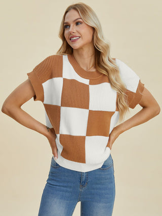 Double Take Full Size Checkered Round Neck Short Sleeve Sweater - A Roese Boutique