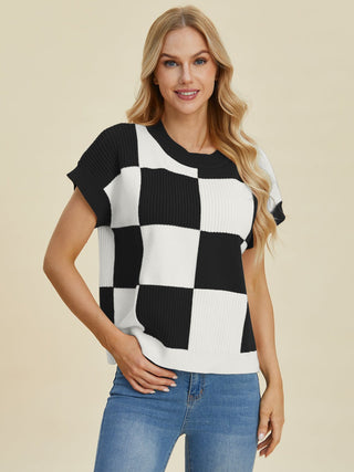 Double Take Full Size Checkered Round Neck Short Sleeve Sweater - A Roese Boutique