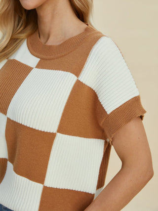 Double Take Full Size Checkered Round Neck Short Sleeve Sweater - A Roese Boutique