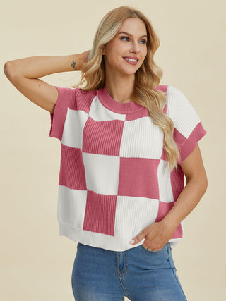 Double Take Full Size Checkered Round Neck Short Sleeve Sweater - A Roese Boutique