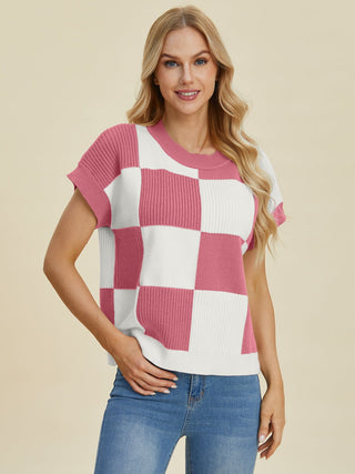 Double Take Full Size Checkered Round Neck Short Sleeve Sweater - A Roese Boutique