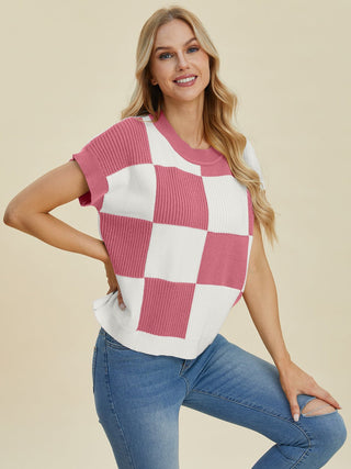 Double Take Full Size Checkered Round Neck Short Sleeve Sweater - A Roese Boutique