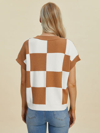 Double Take Full Size Checkered Round Neck Short Sleeve Sweater - A Roese Boutique