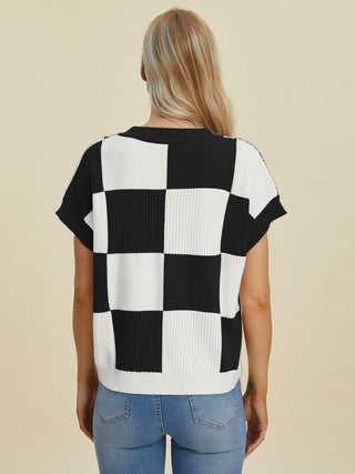 Double Take Full Size Checkered Round Neck Short Sleeve Sweater - A Roese Boutique