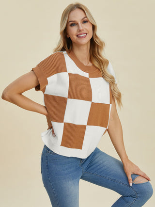 Double Take Full Size Checkered Round Neck Short Sleeve Sweater - A Roese Boutique