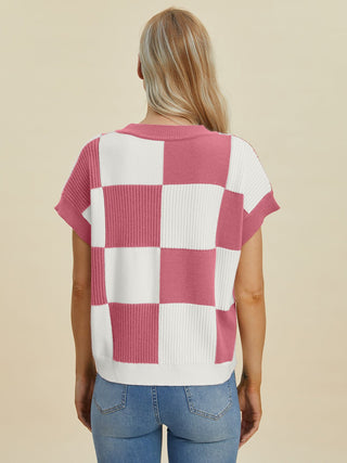 Double Take Full Size Checkered Round Neck Short Sleeve Sweater - A Roese Boutique