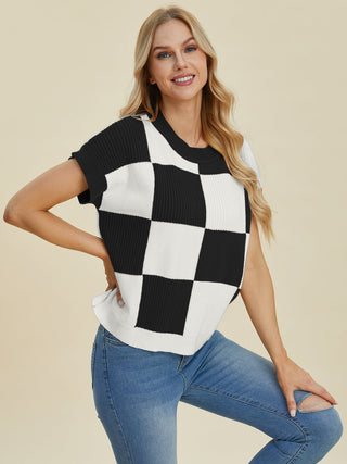 Double Take Full Size Checkered Round Neck Short Sleeve Sweater - A Roese Boutique