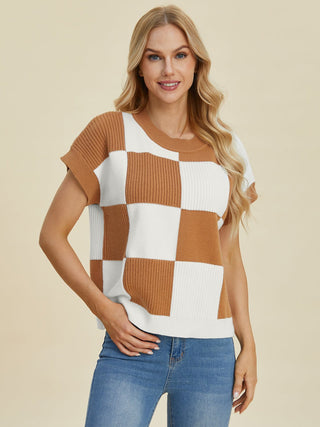 Double Take Full Size Checkered Round Neck Short Sleeve Sweater - A Roese Boutique