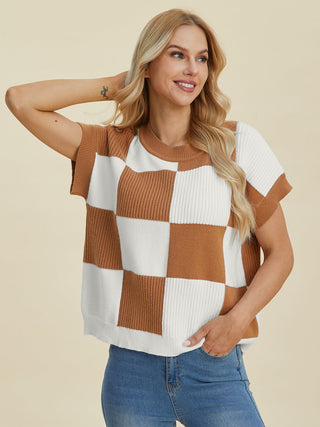 Double Take Full Size Checkered Round Neck Short Sleeve Sweater - A Roese Boutique