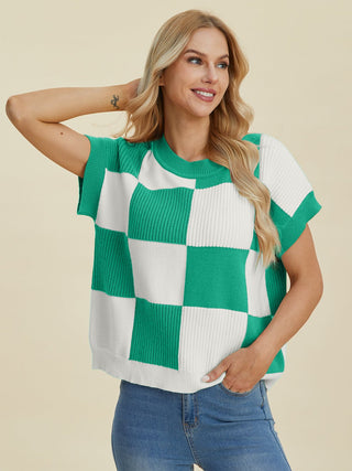 Double Take Full Size Checkered Round Neck Short Sleeve Sweater - A Roese Boutique