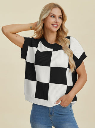 Double Take Full Size Checkered Round Neck Short Sleeve Sweater - A Roese Boutique