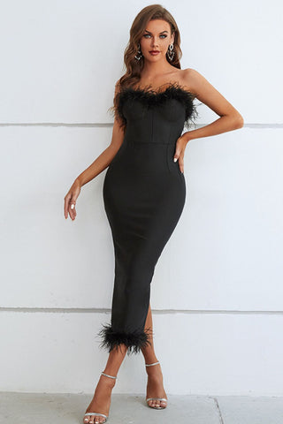 Feather Trim Strapless Sweetheart Neck Dress - A Roese Boutique