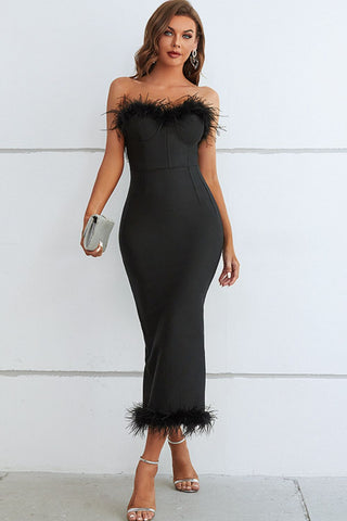 Feather Trim Strapless Sweetheart Neck Dress - A Roese Boutique