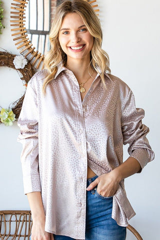 First Love Full Size Ditsy Dot Button Down Collared Satin Shirt - A Roese Boutique