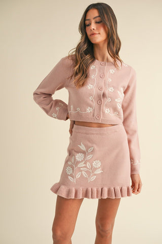 Floral Embroidered Crop Cardigan and Ruffled Mini Skirt Set by Mable - A Roese Boutique