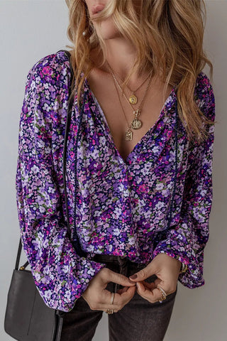 Floral Tie Neck Long Sleeve Blouse - A Roese Boutique