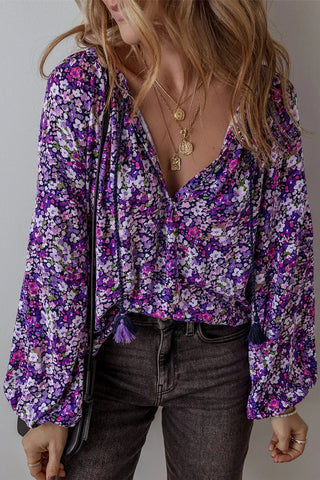 Floral Tie Neck Long Sleeve Blouse - A Roese Boutique